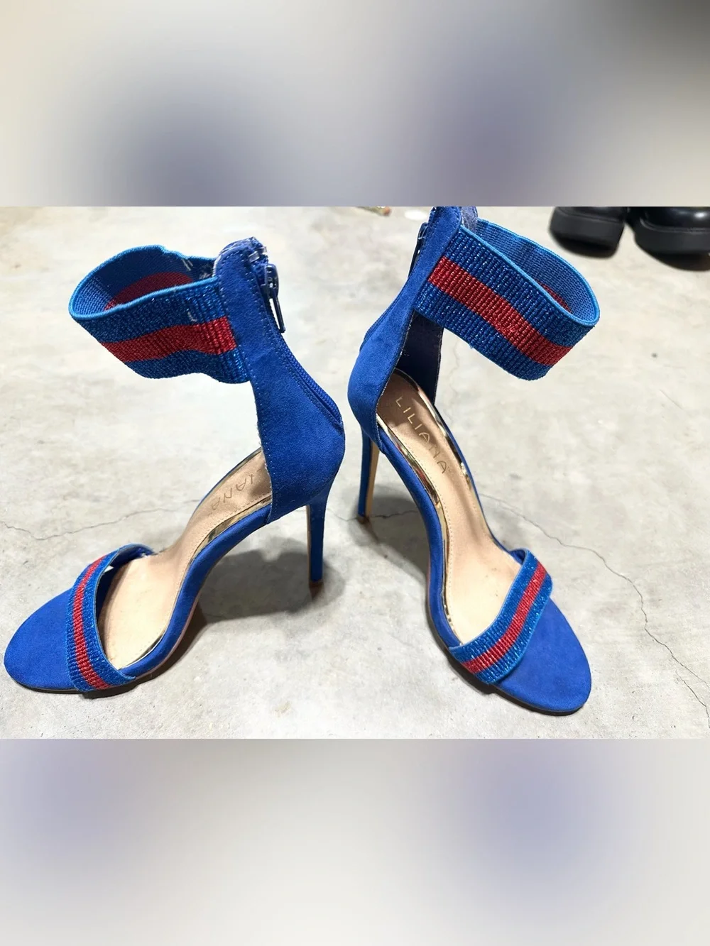 Liliana Blue Suede Stiletto Sandals with Red Striped Accents-7